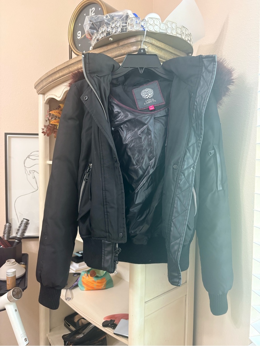 Vince Camuto Black Women's Bomber Jacket with Faux Fur Hood Trim